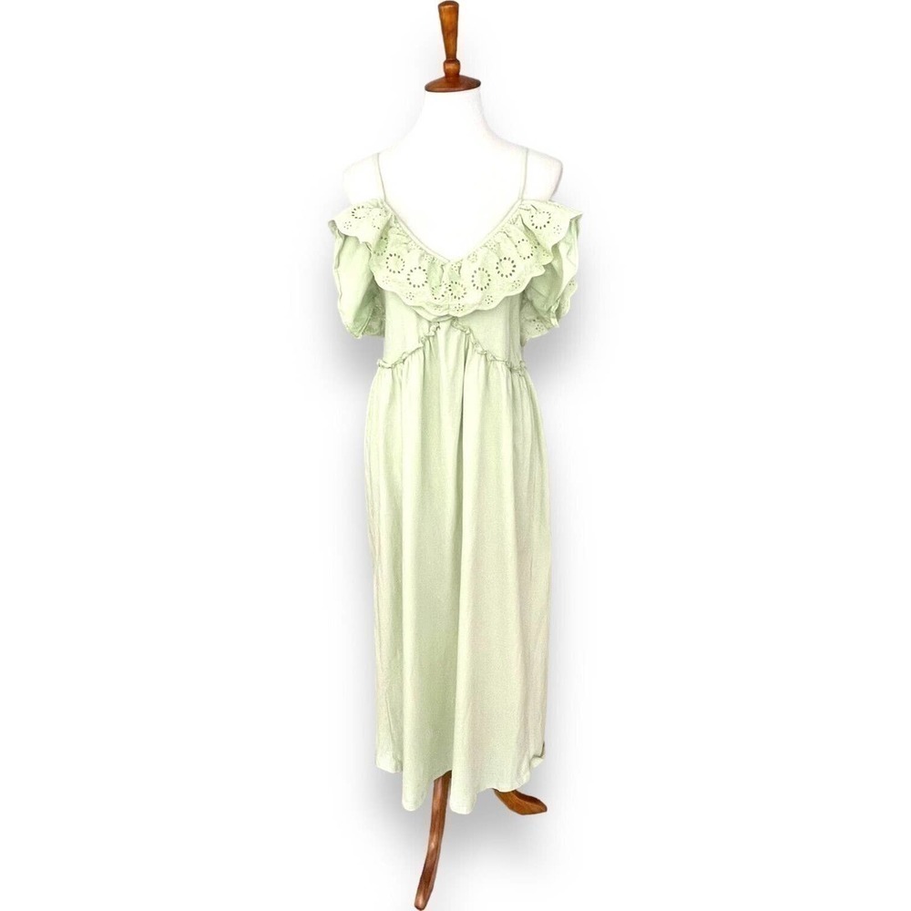 Zara Spring Green Eyelet Ruffled Neck Embroidered Knit Maxi Dress Size Large